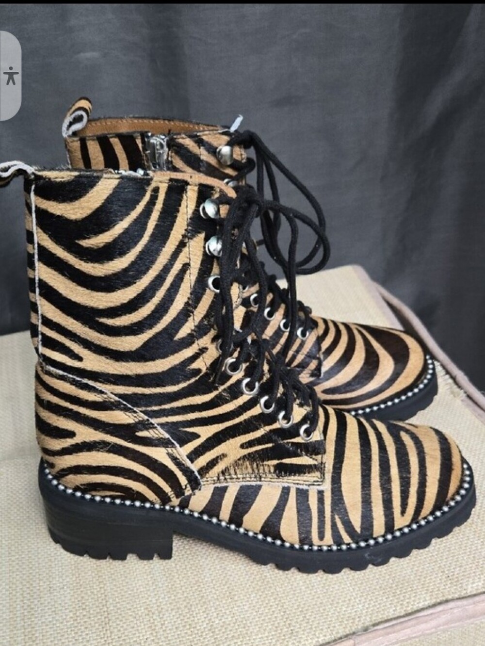 Aqua Zebra-Print Lace-Up Combat Boots - Black & Tan